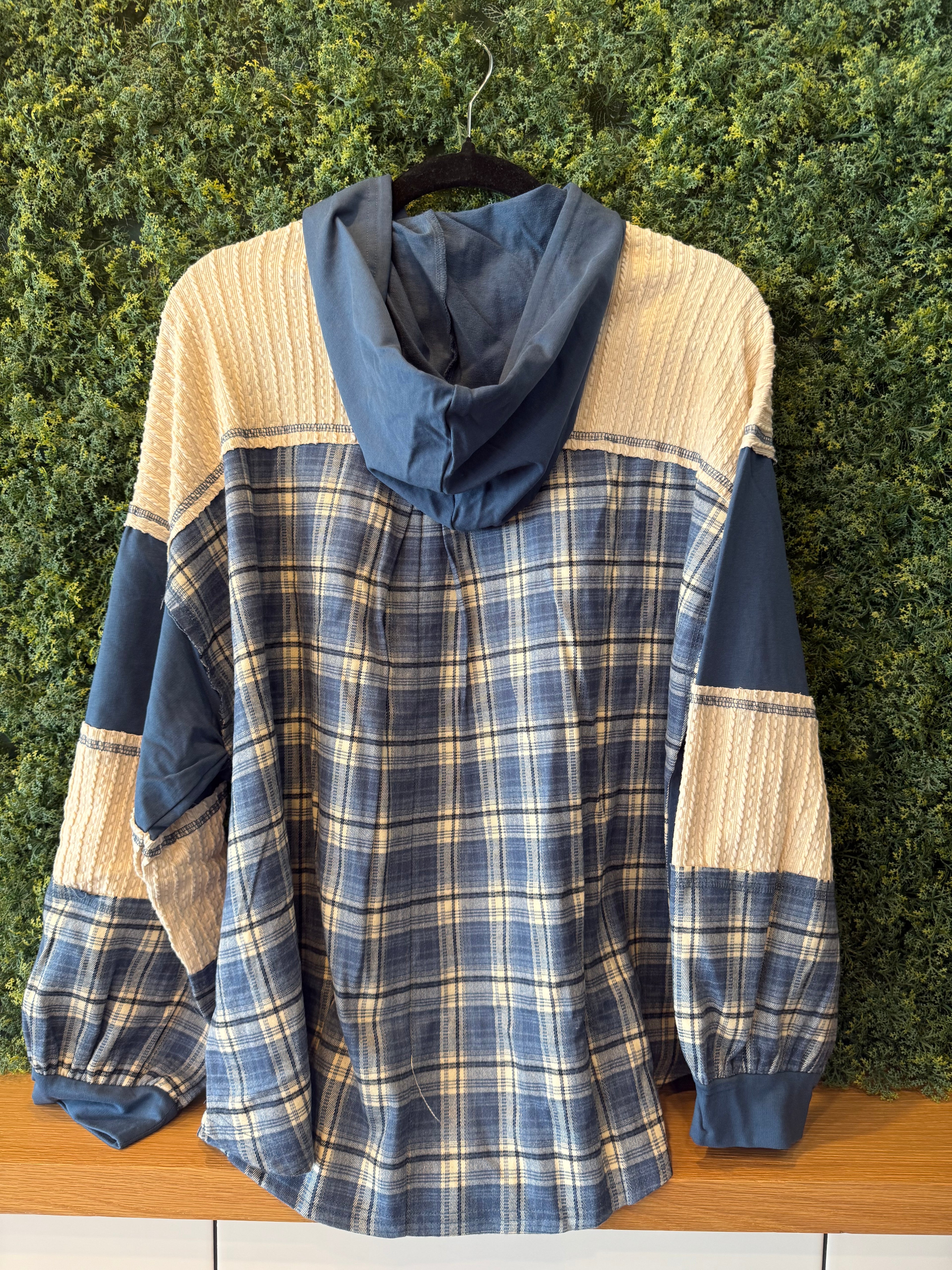Blue Plaid Contrast Hooded Pullover